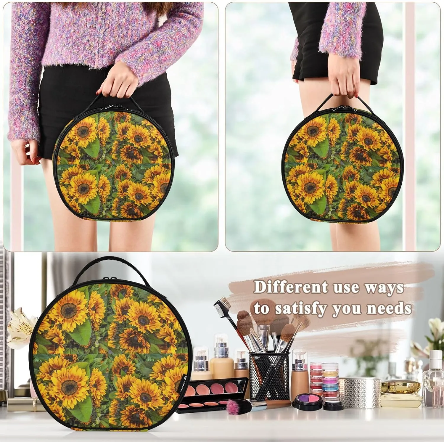 ALAZA Yellow Sunflowers Makeup Bag Travel Cosmetic Bag Large Toiletry Organizer