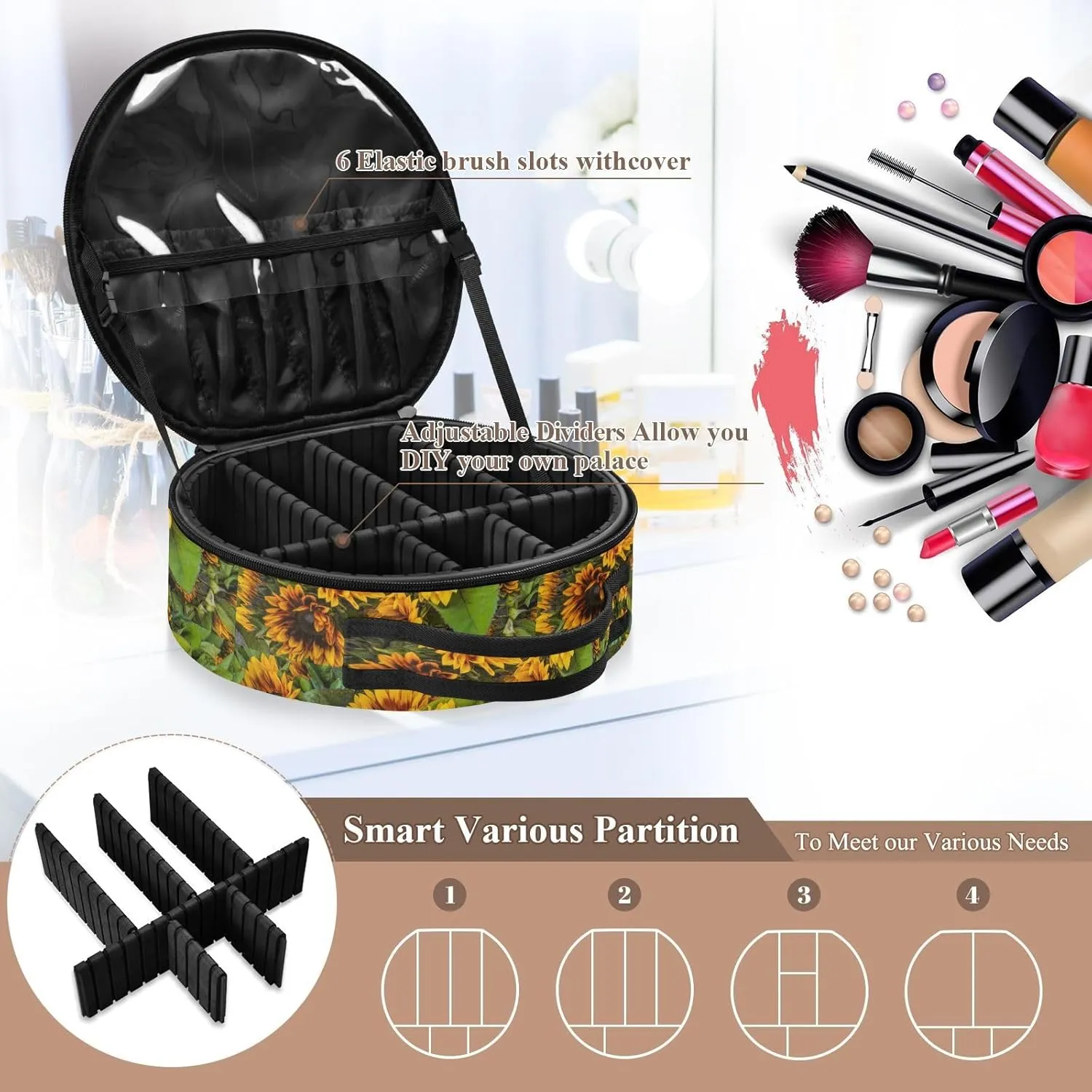 ALAZA Yellow Sunflowers Makeup Bag Travel Cosmetic Bag Large Toiletry Organizer