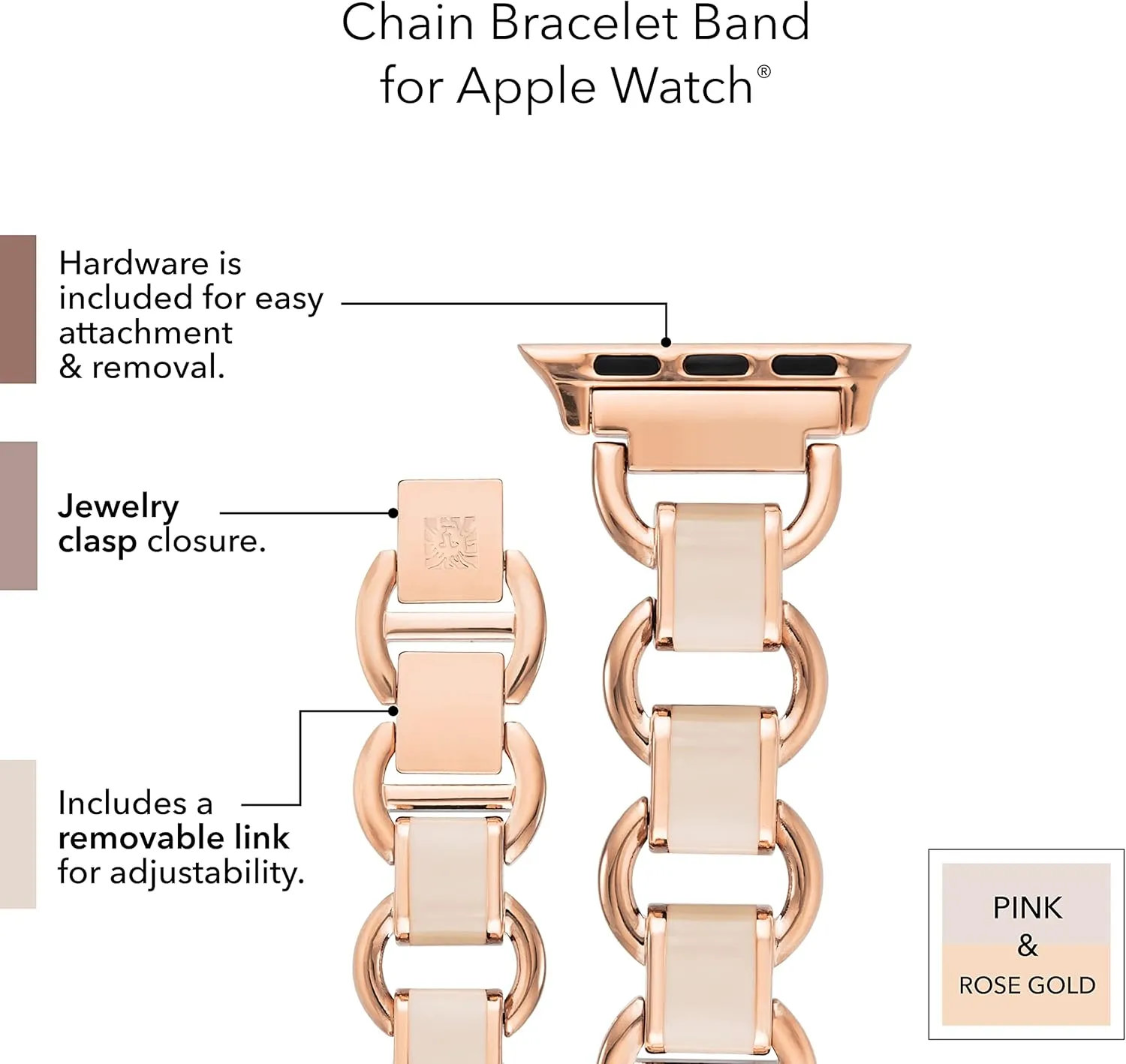 Anne Klein Fashion Chain Bracelet for Apple Watch, Secure, Adjustable, Apple Watch Replacement Band, Fits Most Wrists
