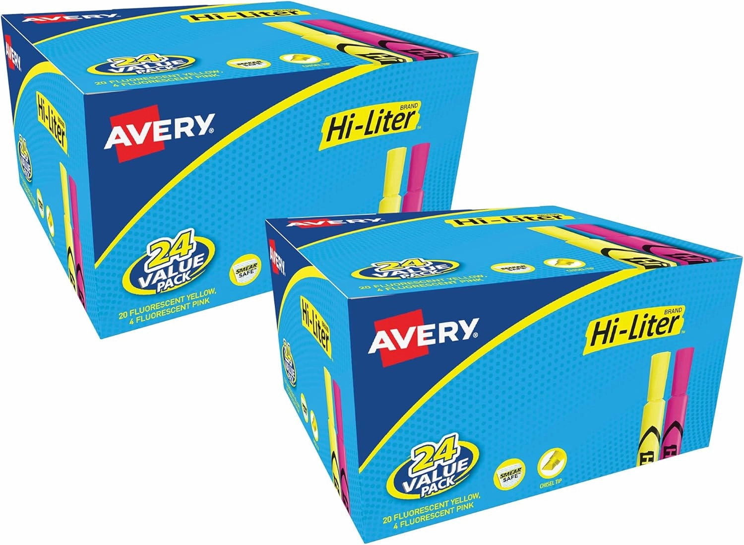 AVERY Hi-Liter, Desk Style, Chisel Tip, 24 Pink and Yellow Highlighters, 2-Pack, 48 Total (31448)