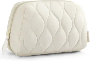 BAGSMART Makeup Bag, Travel Cosmetic Bag, Puffy Padded Make Up Bag for Women, Makeup Organizer Case, Wide-open Pouch Purse, Travel Essentials, Toiletries Accessories Brushes, Beige