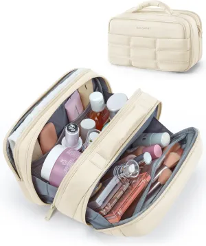 BAGSMART Toiletry Bag for Women, Travel Makeup Bag, Wide-open Portable Make Up Bag Organizer for Women for Travel Essentials Travel-Size Toiletries Accessories Bottles, Brushes, Beige
