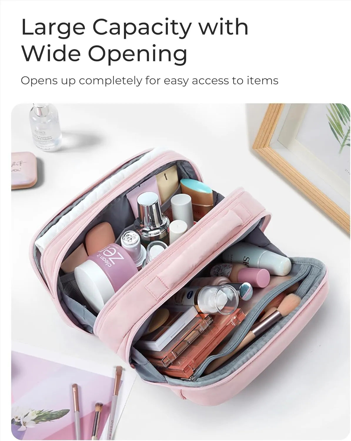 BAGSMART Toiletry Bag for Women, Travel Makeup Bag, Wide-open Portable Make Up Bag Organizer for Women for Travel Essentials Travel-Size Toiletries Accessories Bottles, Brushes, Beige