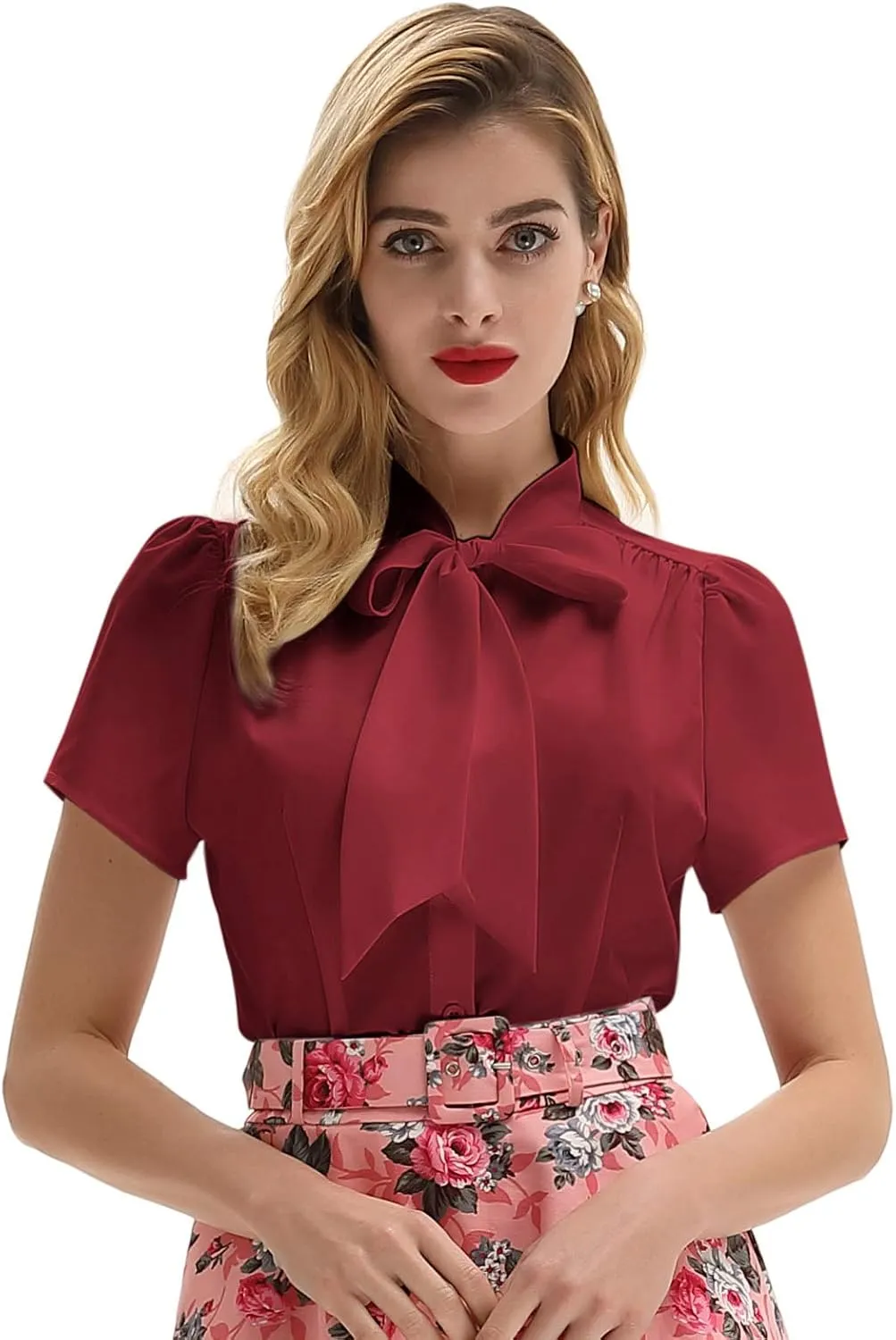 Belle Poque Summer Short Sleeve Office Button Down Blouse Stripe Shirt Tops with Bow Tie BP573