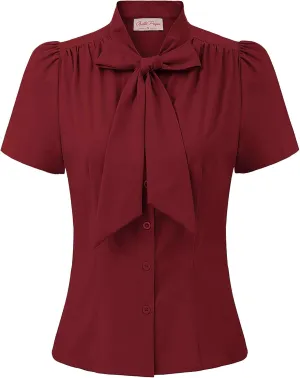 Belle Poque Summer Short Sleeve Office Button Down Blouse Stripe Shirt Tops with Bow Tie BP573