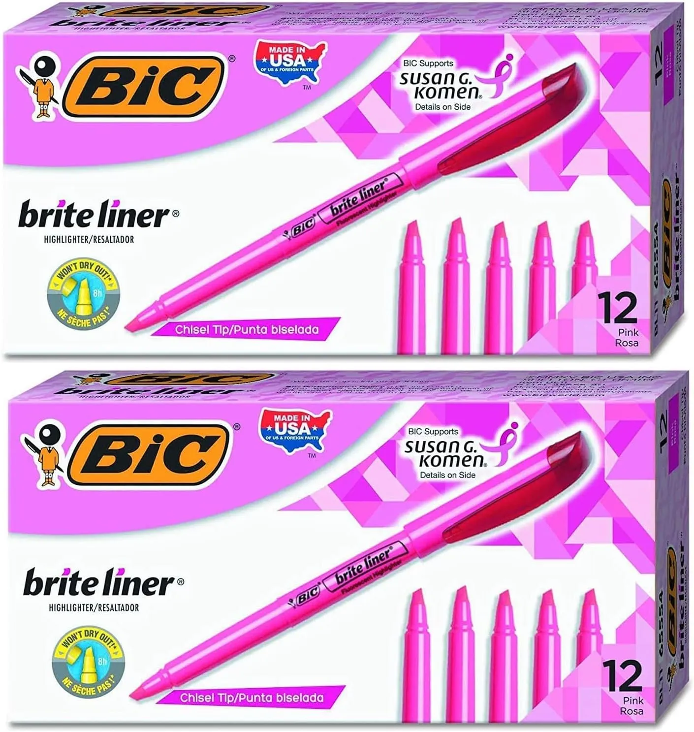 BIC Brite Liner Highlighter, Chisel Tip, Pink, 24-Count
