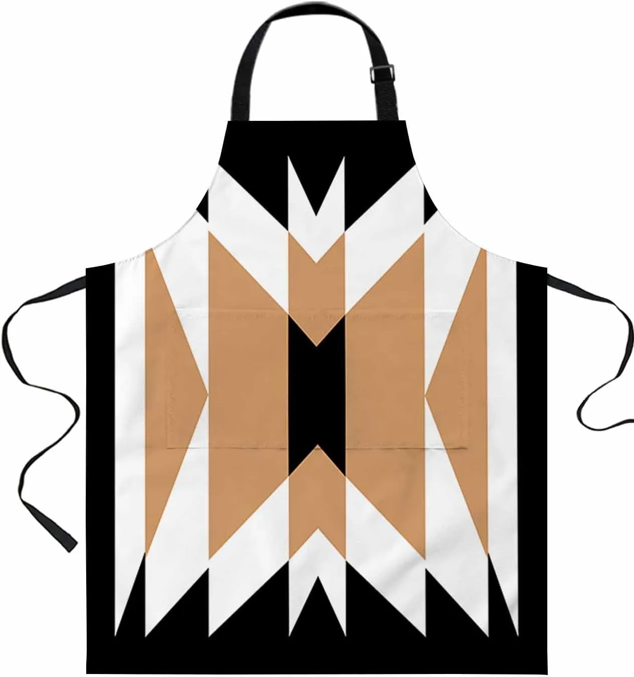 Black Brown White Waterproof Apron With Pockets, Southwester Abstract Geometric Tribal Kitchen Chefs Bib Cooking BBQ Grill Bake Adjustable Aprons for Women/Kids Home Garden Grooming Painting Gardening