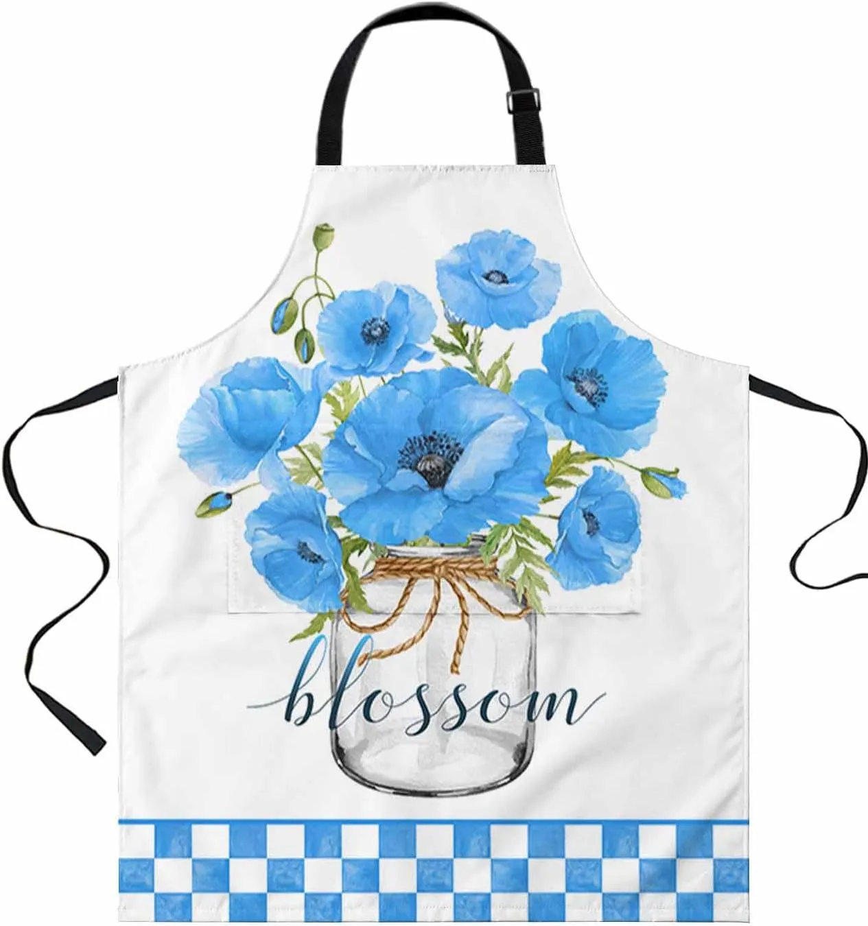 Blue Flower Plaid Waterproof Apron With Pockets,Spring Summer Floral Lattice Pastoral Country Kitchen Chefs Bib Cooking BBQ Grill Bake Adjustable Aprons for Women Garden Grooming Painting Gardening
