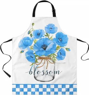Blue Flower Plaid Waterproof Apron With Pockets,Spring Summer Floral Lattice Pastoral Country Kitchen Chefs Bib Cooking BBQ Grill Bake Adjustable Aprons for Women Garden Grooming Painting Gardening