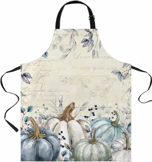 Blue Pumpkin Eucalyptus Waterproof Apron With Pockets, Retro Fall Thanksgiving Leaves Kitchen Chefs Bib Cooking BBQ Grill Bake Adjustable Aprons for Women/Kids Home Garden Grooming Painting Gardening