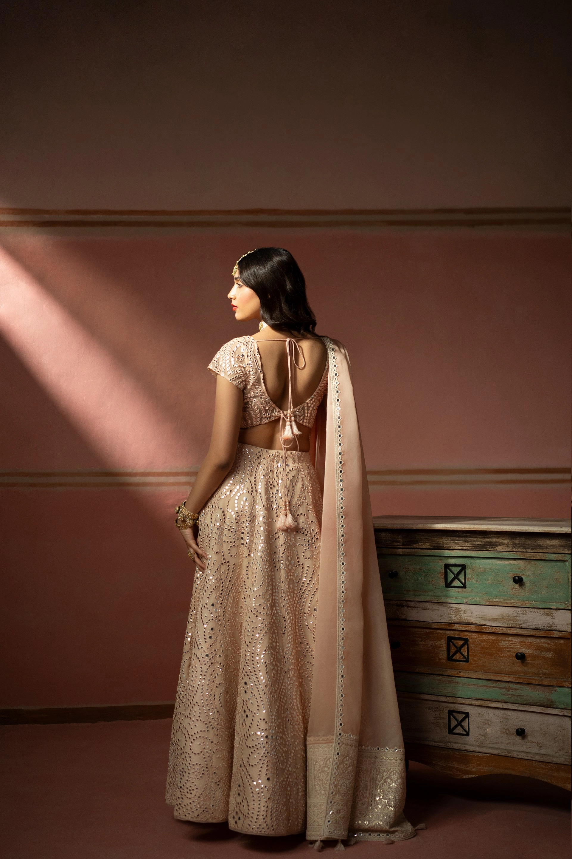 Blush Peach Mirrorwork Lehenga Set