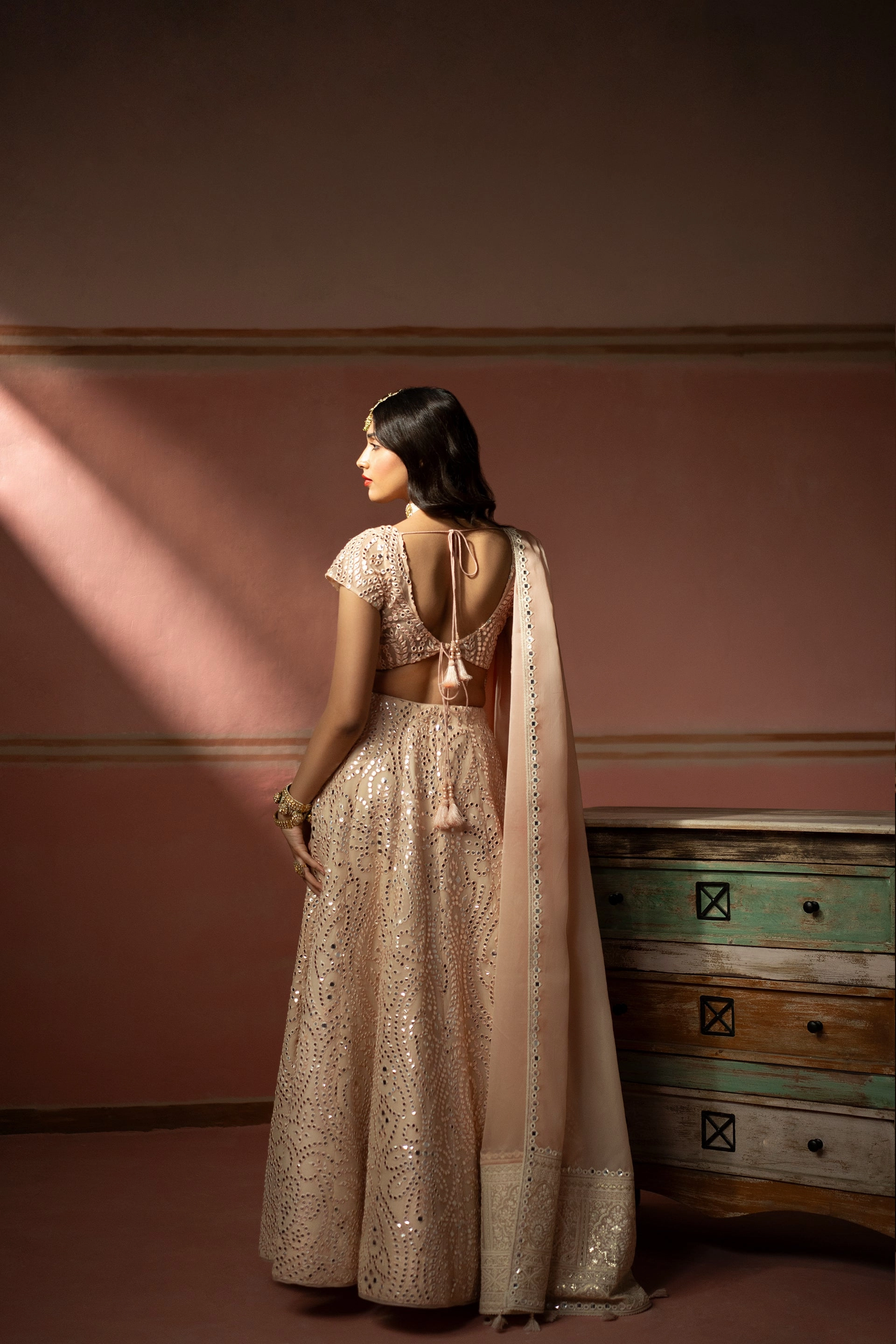Blush Peach Mirrorwork Lehenga Set