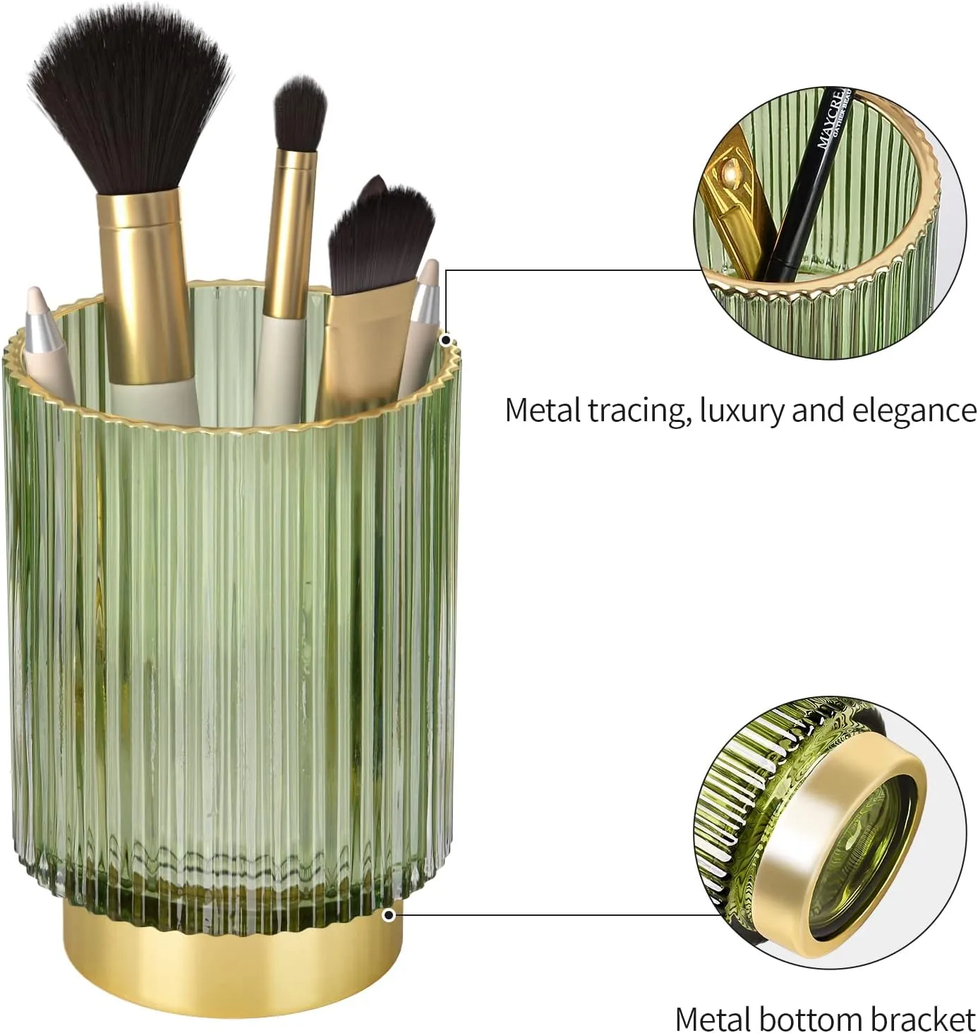 CANITORON Makeup Brush Holder,2 Pack Glass Makeup Brush Holder Organizer Store Cosmetic Tools,Eyeliner,Storage Organizer for Vanity,Bathroom and Bedroom Countertop Storage.(Green S L)