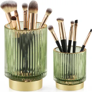 CANITORON Makeup Brush Holder,2 Pack Glass Makeup Brush Holder Organizer Store Cosmetic Tools,Eyeliner,Storage Organizer for Vanity,Bathroom and Bedroom Countertop Storage.(Green S L)