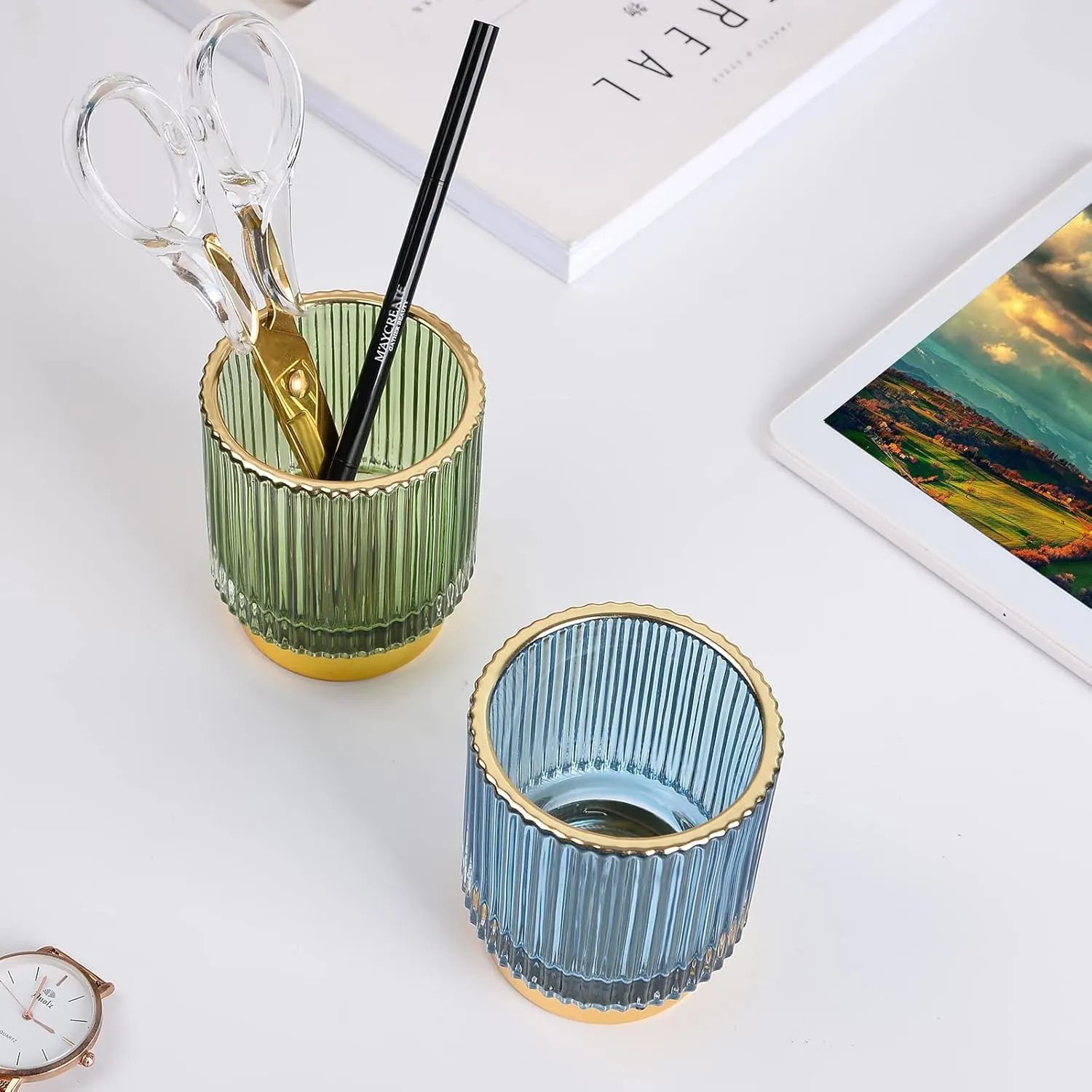 CANITORON Makeup Brush Holder,2 Pack Glass Makeup Brush Holder Organizer Store Cosmetic Tools,Eyeliner,Storage Organizer for Vanity,Bathroom and Bedroom Countertop Storage.(Green S L)