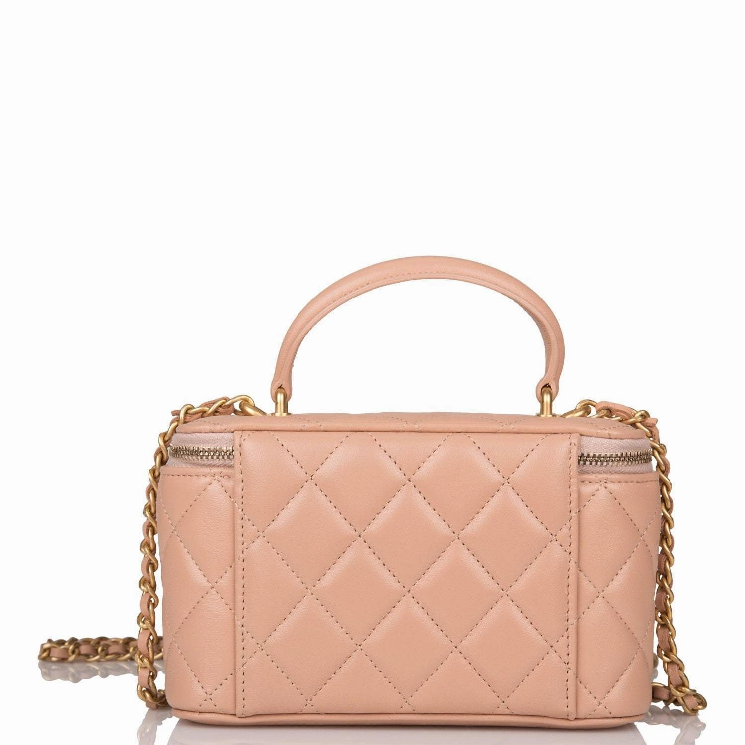 Chanel Beige Quilted Lambskin Small Top Handle Vanity Bag Antique Gold Hardware