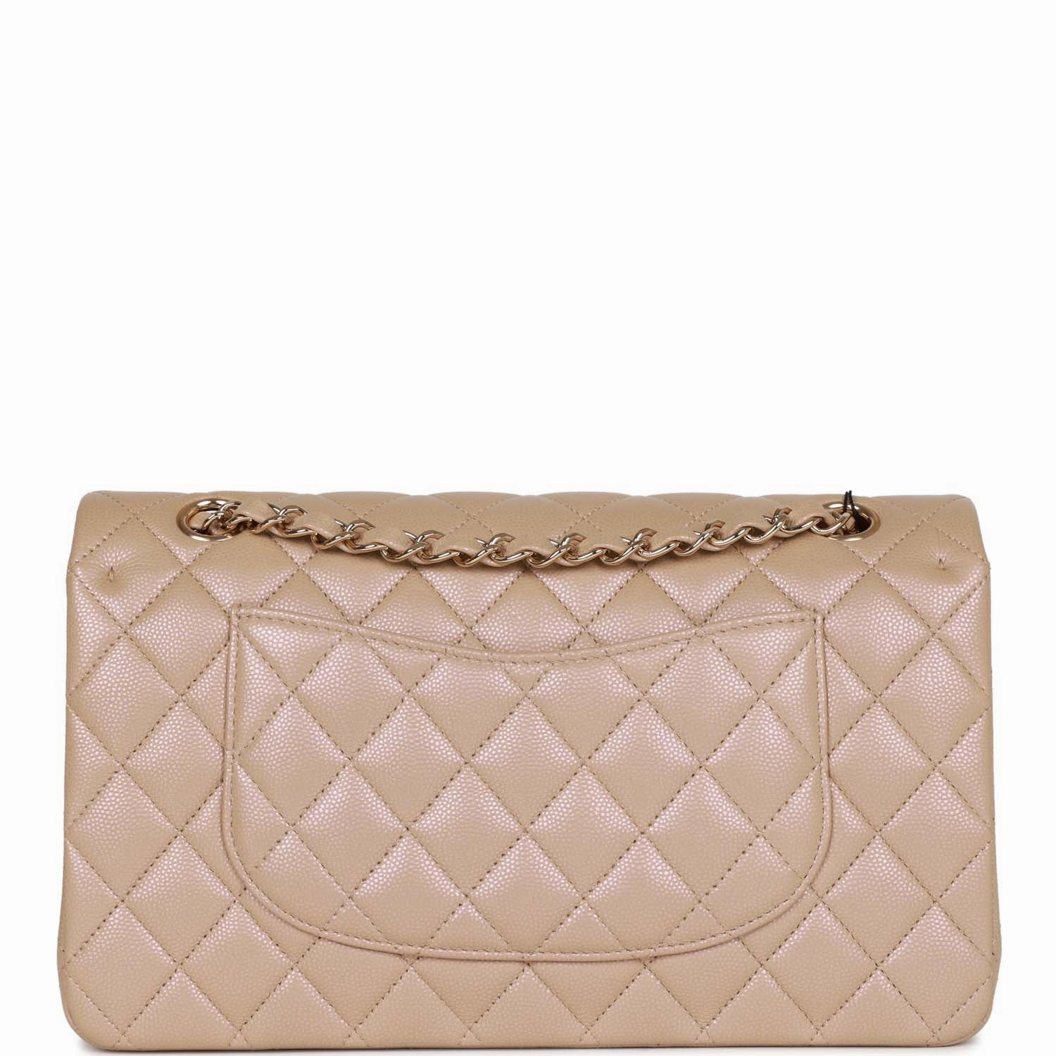 Chanel Medium Classic Double Flap Bag Beige Iridescent Caviar Light Gold Hardware