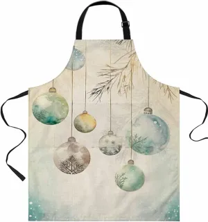 Christmas Ball Waterproof Apron With Pockets, Winter Farmhosue Watercolor Pine Branch Kitchen Chefs Bib Cooking BBQ Grill Bake Adjustable Aprons for Women/Kids Home Garden Grooming Painting Gardening