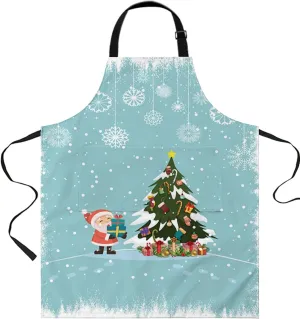 Christmas Waterproof Apron With Pockets, Aqua Snowflake Santa Winter Snowy Tree Kitchen Chefs Bib Cooking BBQ Grill Bake Adjustable Aprons for Women/Kids Home Garden Grooming Painting Gardening