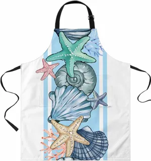 Coastal Seashell Waterproof Apron With Pockets,Ocean Starfish Beach Nautical Blue Stripe Kitchen Chefs Bib Cooking BBQ Grill Bake Adjustable Aprons for Women Home Garden Grooming Painting Gardening