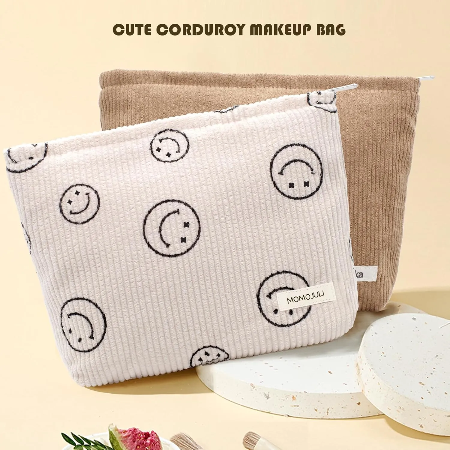 Corduroy Makeup Bag Cosmestic Bag Large 2pcs Capacity Ladies Women Aesthetic Make Up Organizer Accessories Zipper Pouch Purse （Beige Khaki）