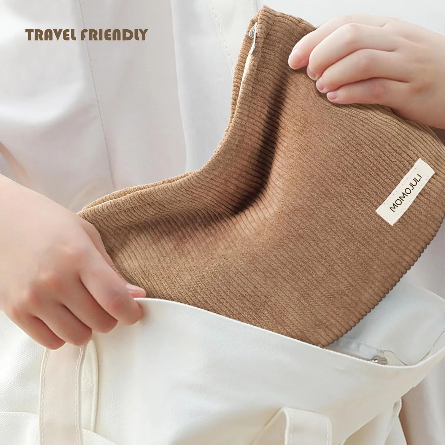 Corduroy Makeup Bag Cosmestic Bag Large 2pcs Capacity Ladies Women Aesthetic Make Up Organizer Accessories Zipper Pouch Purse （Beige Khaki）