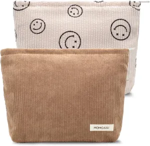 Corduroy Makeup Bag Cosmestic Bag Large 2pcs Capacity Ladies Women Aesthetic Make Up Organizer Accessories Zipper Pouch Purse （Beige Khaki）