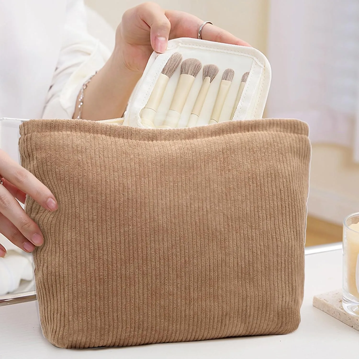 Corduroy Makeup Bag Cosmestic Bag Large 2pcs Capacity Ladies Women Aesthetic Make Up Organizer Accessories Zipper Pouch Purse （Beige Khaki）
