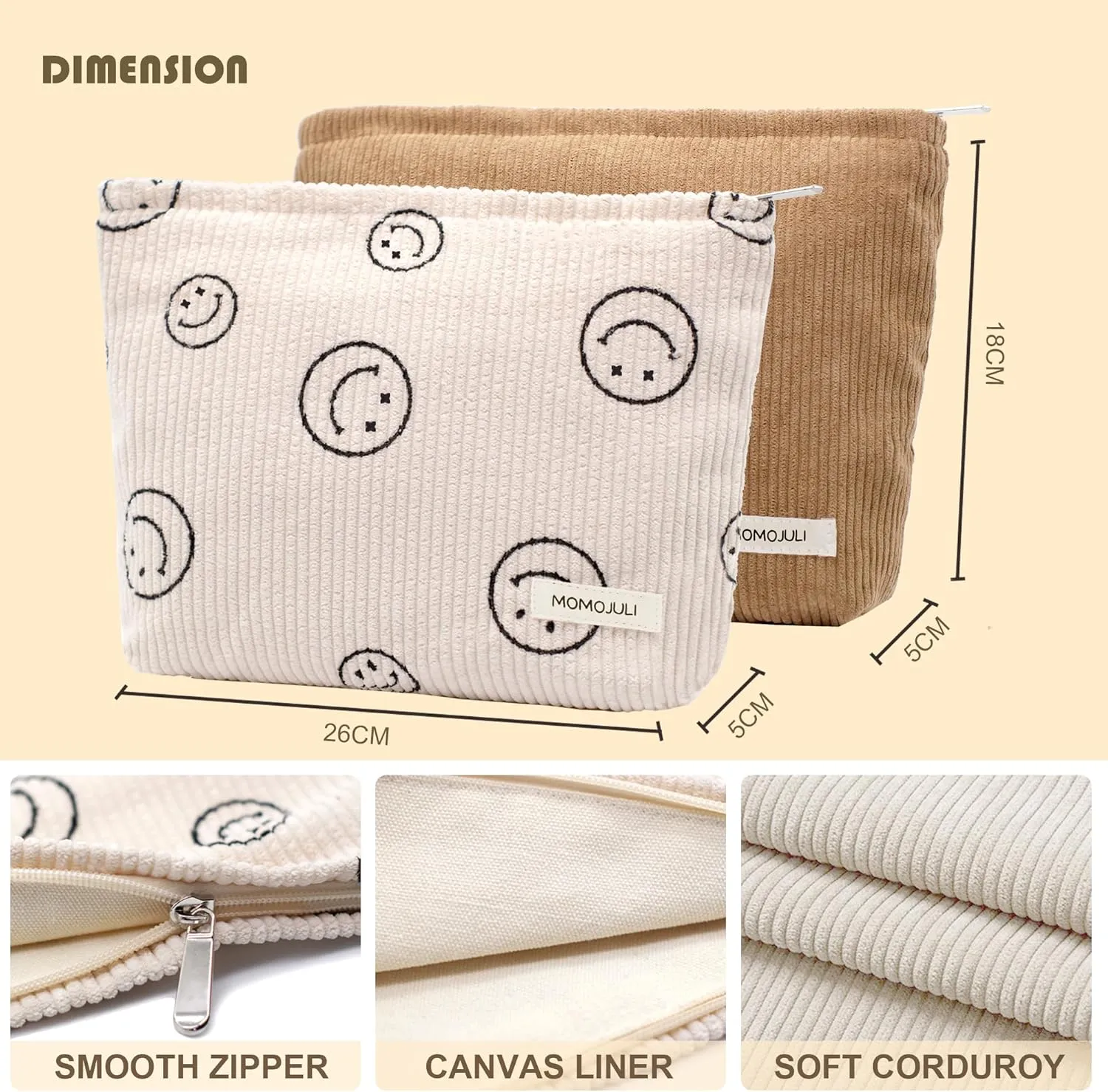 Corduroy Makeup Bag Cosmestic Bag Large 2pcs Capacity Ladies Women Aesthetic Make Up Organizer Accessories Zipper Pouch Purse （Beige Khaki）