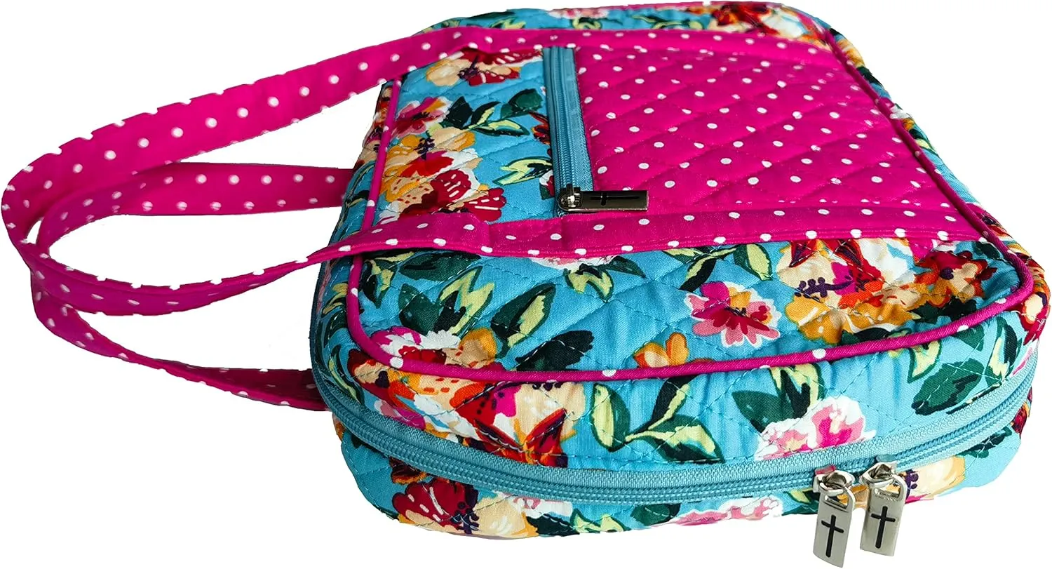 DIWI Quilted Bible Cover Extra Large Sizes 11.25 X 8.25 X 2.75 Inches Bible Tote Good Book Case (XL, C2 Pink Garden)