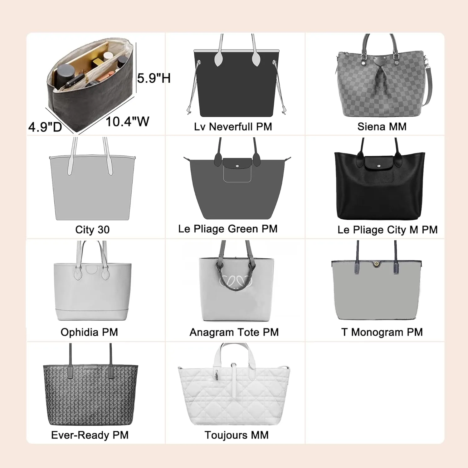 Doxo Purse Organizer Insert for Handbags Compatible with Speedy Neverfull City 30/33,Artois PM Tote bag(Medium,Black-beige)