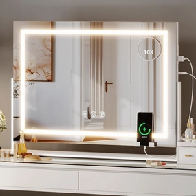 DWVO Lighted Makeup Mirror with USB Ports & Phone Rack, Vanity Mirror with Lights, 3 Color Lighting Modes and 10X Magnification Mirror, Smart Touch Control, 360°Rotation, White