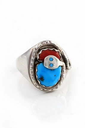 Effie Calavasa Turquoise and Coral Snake Ring (Size 11 ¾)