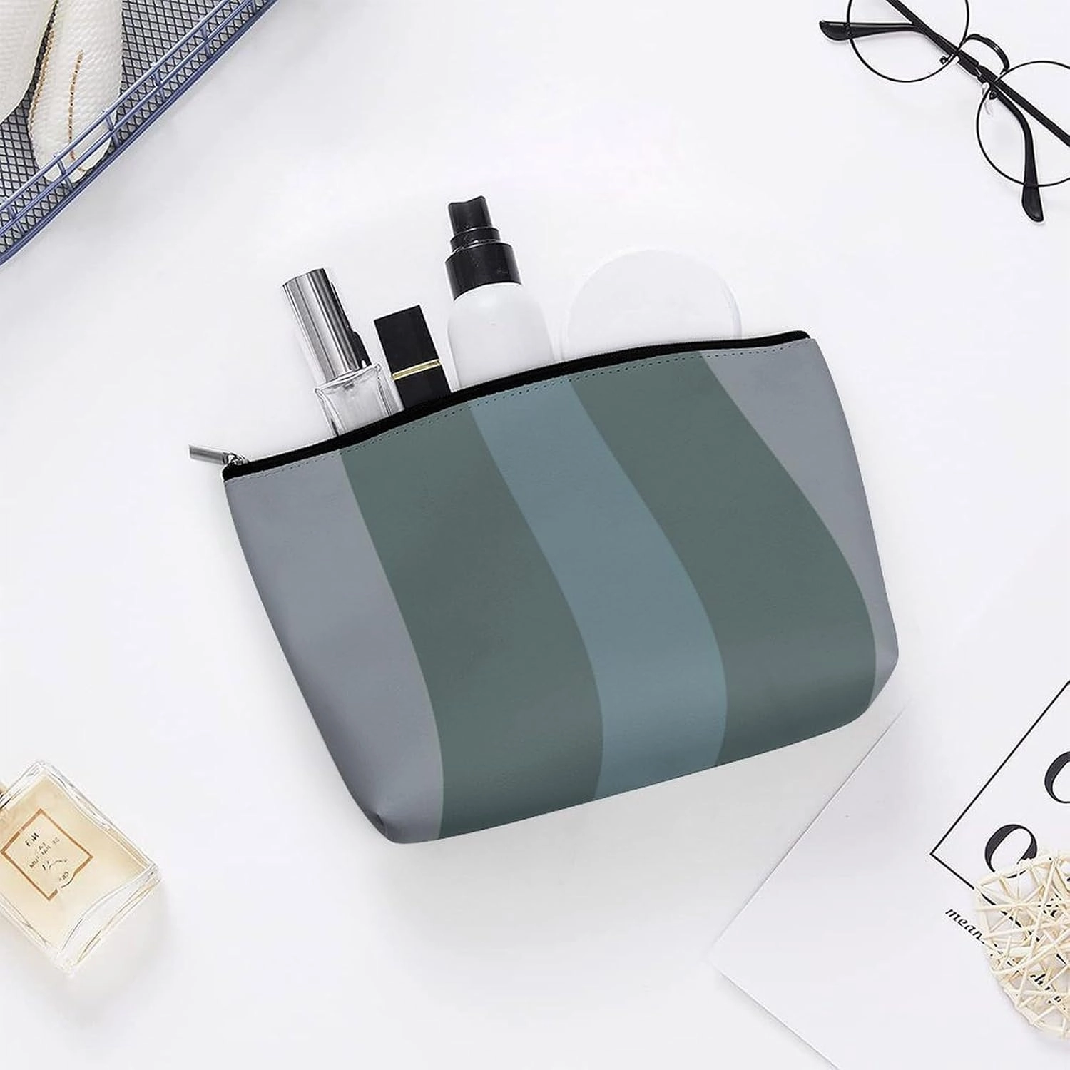 Elegant Makeup Bag, Modern Dark Green Shades Cosmetic Bag Large Capacity Pouch Portable Organizer for Men & Women