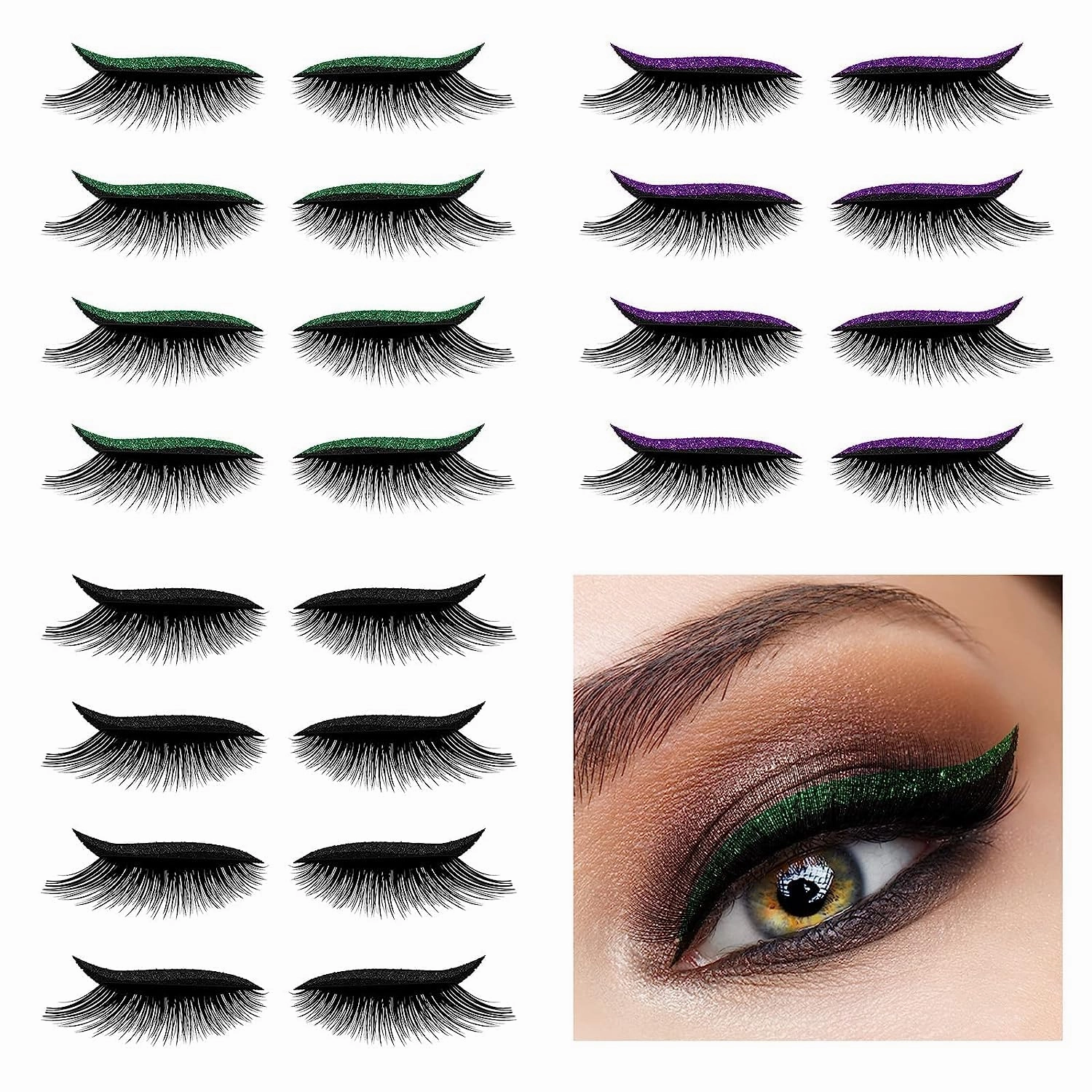Eyeliner Sticker, 4 Pairs Eyeliner Sticker with Eyelashes False Eyelashes Waterproof Reusable Eyeliner Eyelash Stickers (Green)