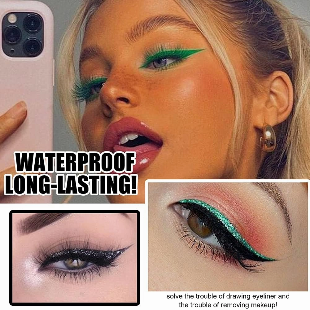 Eyeliner Sticker, 4 Pairs Eyeliner Sticker with Eyelashes False Eyelashes Waterproof Reusable Eyeliner Eyelash Stickers (Green)