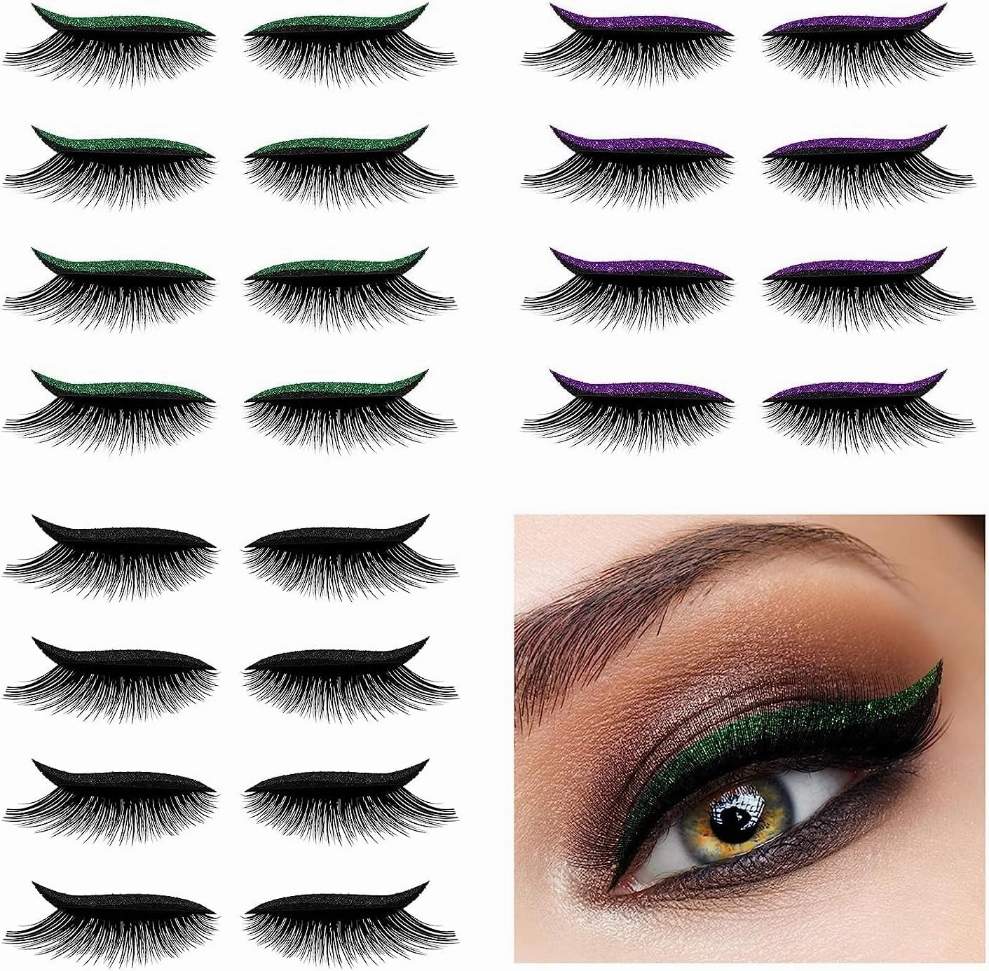 Eyeliner Sticker, Eyeliner Sticker with Eyelashes 8 Pairs Eyelash Stickers Reusable Eyelid and Eyelash Stickers Makeup Stickers Waterproof (Green)