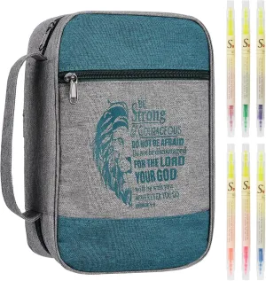 Faithful Hers Bible Cover Case Set With Highlighter, Carrying Bag for Men, Boys, Church Study Book Carrier With Pockets Handle Zipper, Christian Gift 10.4"x7.9"x2.8", Green