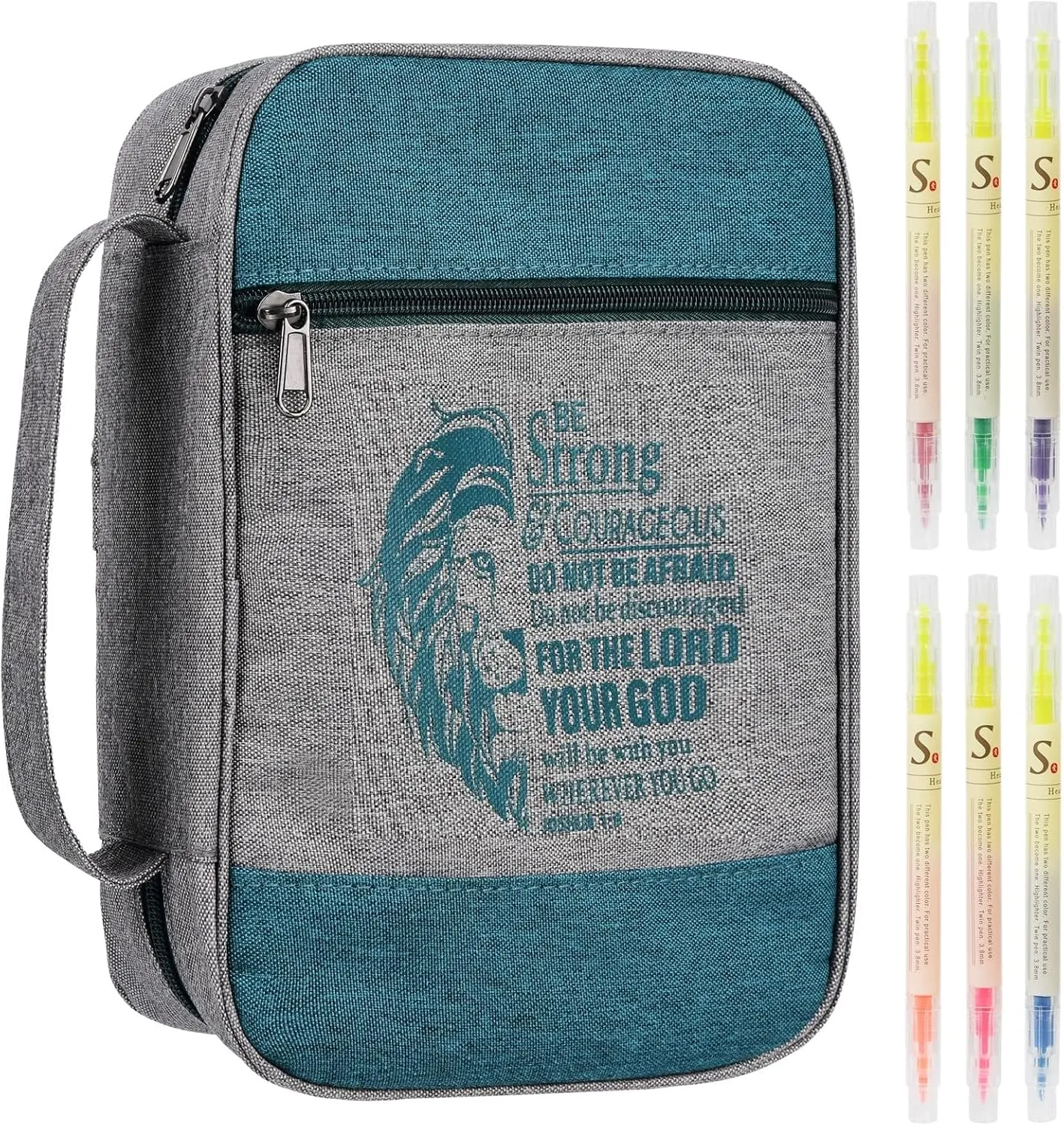Faithful Hers Bible Cover Case Set With Highlighter, Carrying Bag for Men, Boys, Church Study Book Carrier With Pockets Handle Zipper, Christian Gift 10.4"x7.9"x2.8", Green