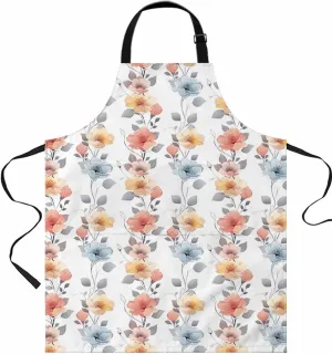 Fall Flower Floral Waterproof Apron With Pockets, Autumn Botanical Leaves Plant Kitchen Chefs Bib Cooking BBQ Grill Bake Adjustable Aprons for Women/Kids Home Garden Grooming Painting Gardening