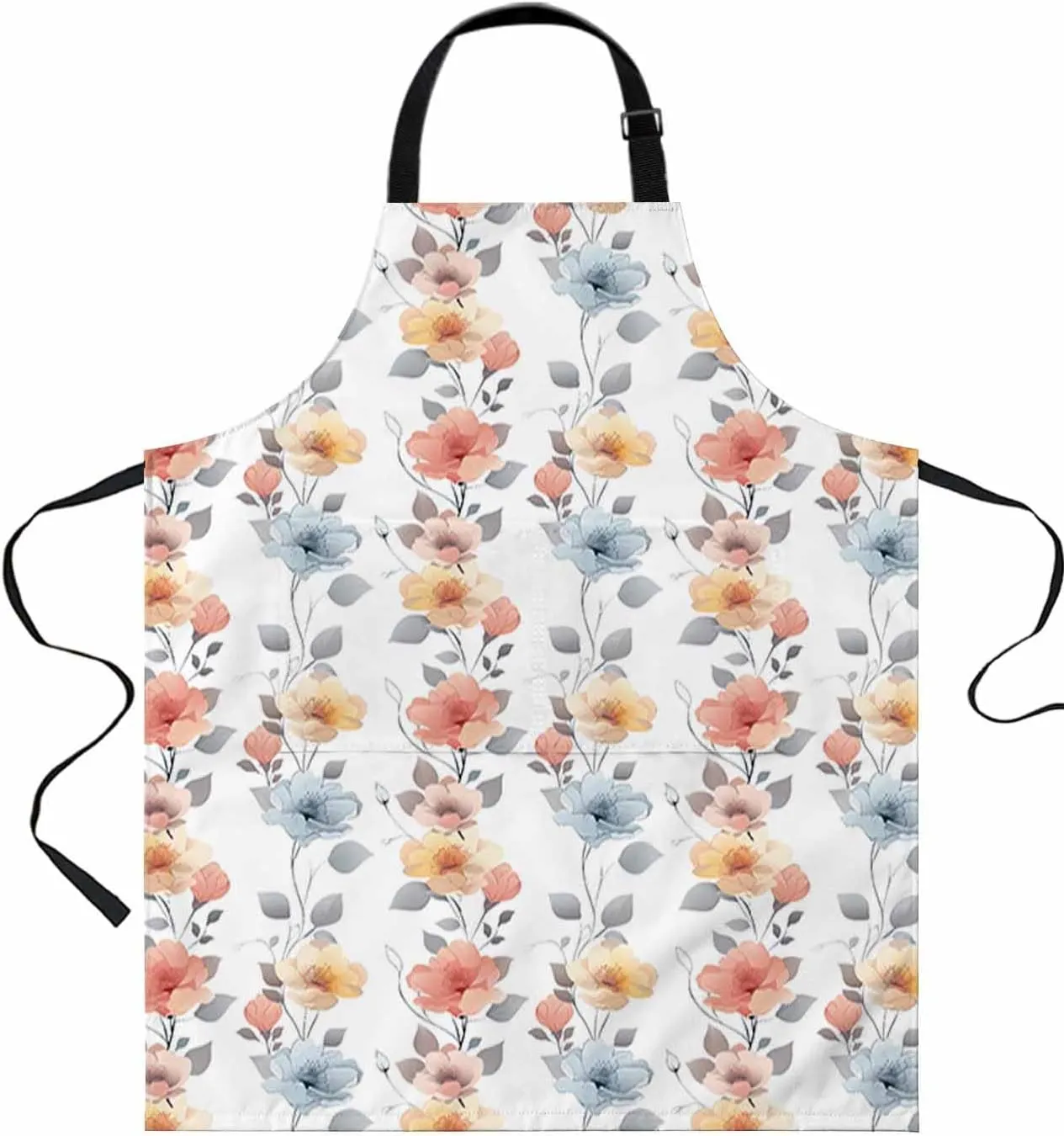 Fall Flower Floral Waterproof Apron With Pockets, Autumn Botanical Leaves Plant Kitchen Chefs Bib Cooking BBQ Grill Bake Adjustable Aprons for Women/Kids Home Garden Grooming Painting Gardening