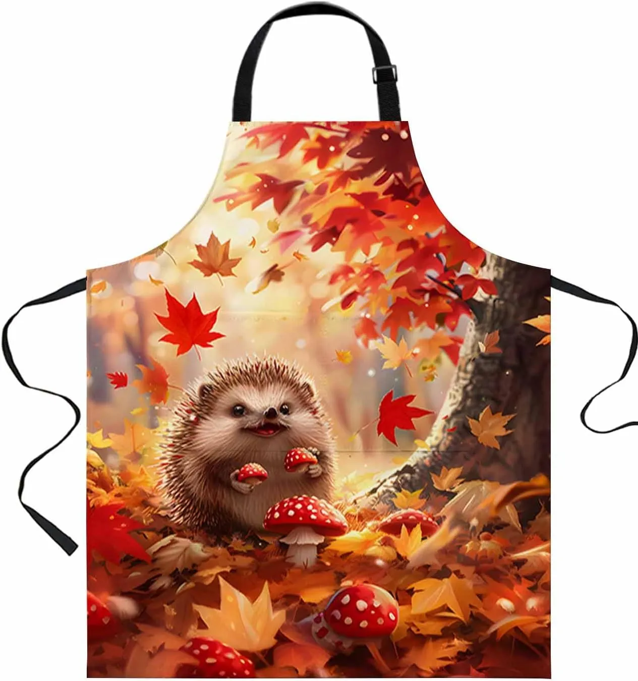 Fall Forest Mushroom Waterproof Apron With Pockets,Orange Red Autumn Maple Leaf Watercolor Kitchen Chefs Bib Cooking BBQ Grill Bake Adjustable Aprons for Women Home Garden Grooming Painting Gardening