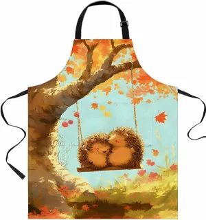 Fall Maple Tree Waterproof Apron With Pockets,Autumn Thanksgiving Orange Red Leaf Animal Kitchen Chefs Bib Cooking BBQ Grill Bake Adjustable Aprons for Women Home Garden Grooming Painting Gardening