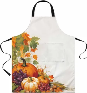 Fall Orange Pumpkin Waterproof Apron With Pockets,Thanksgiving Fruit Grapes Autumn Maple Leaves Kitchen Chefs Bib Cooking BBQ Grill Bake Adjustable Aprons for Women Garden Grooming Painting Gardening