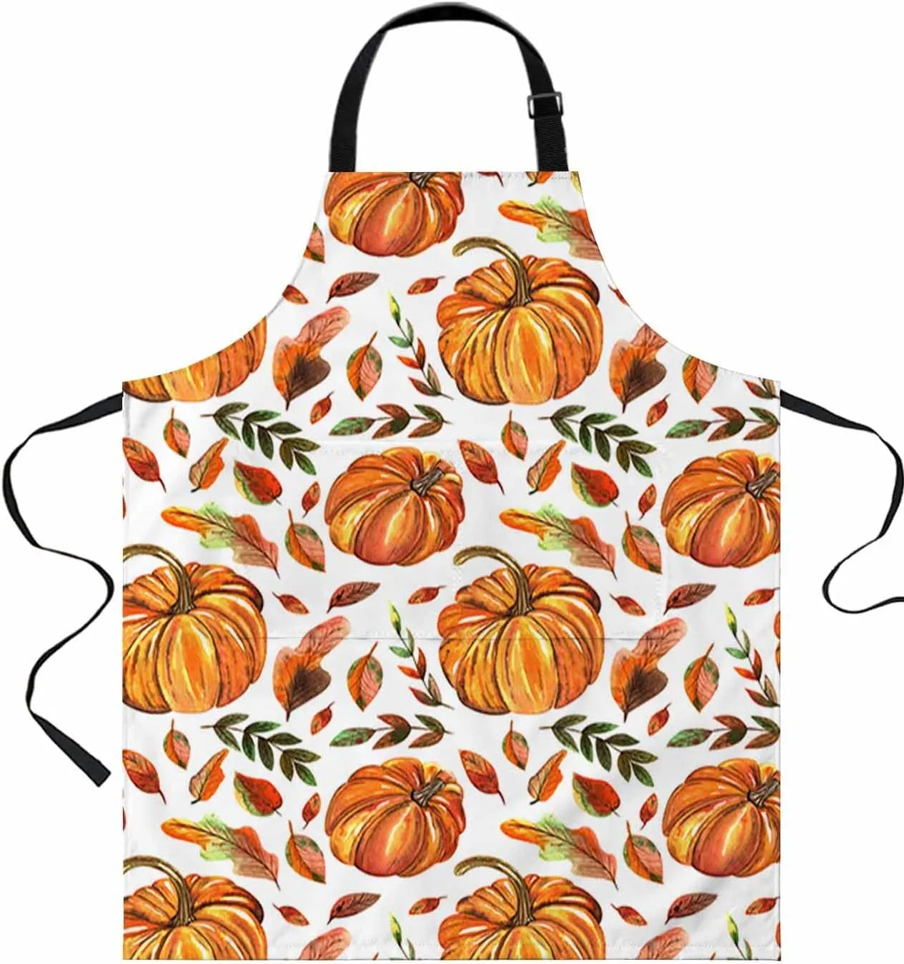 Fall Orange Pumpkin Waterproof Apron With Pockets,Thanksgiving Maple Leaves Watercolor Kitchen Chefs Bib Cooking BBQ Grill Bake Adjustable Aprons for Women/Kids Home Garden Grooming Painting Gardening
