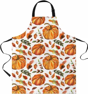 Fall Orange Pumpkin Waterproof Apron With Pockets,Thanksgiving Maple Leaves Watercolor Kitchen Chefs Bib Cooking BBQ Grill Bake Adjustable Aprons for Women/Kids Home Garden Grooming Painting Gardening