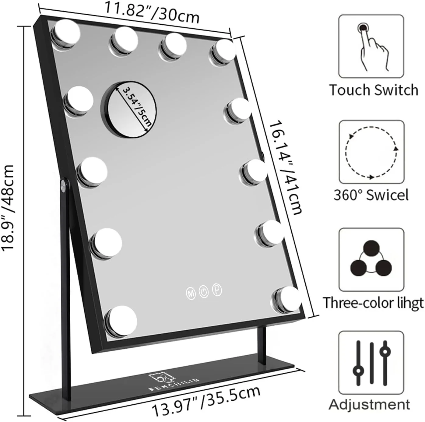 FENCHILIN Lighted Makeup Mirror Hollywood Mirror Vanity Makeup Mirror with Light Smart Touch Control 3Colors Dimable Light Detachable 10X Magnification 360°Rotation(Black)