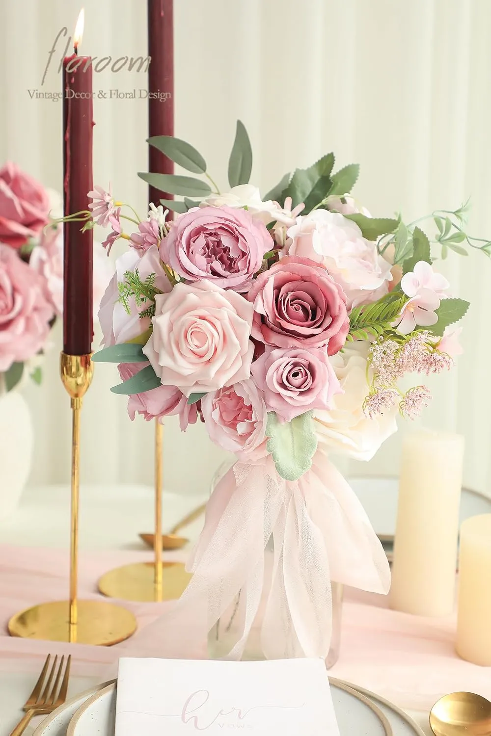 Floroom Dusty Rose Cream Artificial Flowers Fake Roses Peonies and Greenery Combo Box Set for DIY Wedding Bouquets Bridal Shower Centerpieces Floral Arrangements Party Tables Home Decorations