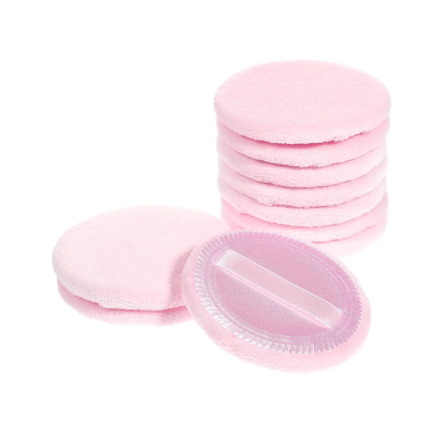 FRCOLOR 10-Piece Cotton Round Makeup Puff with Strap for Body, Face & Mineral Powder, Pink
