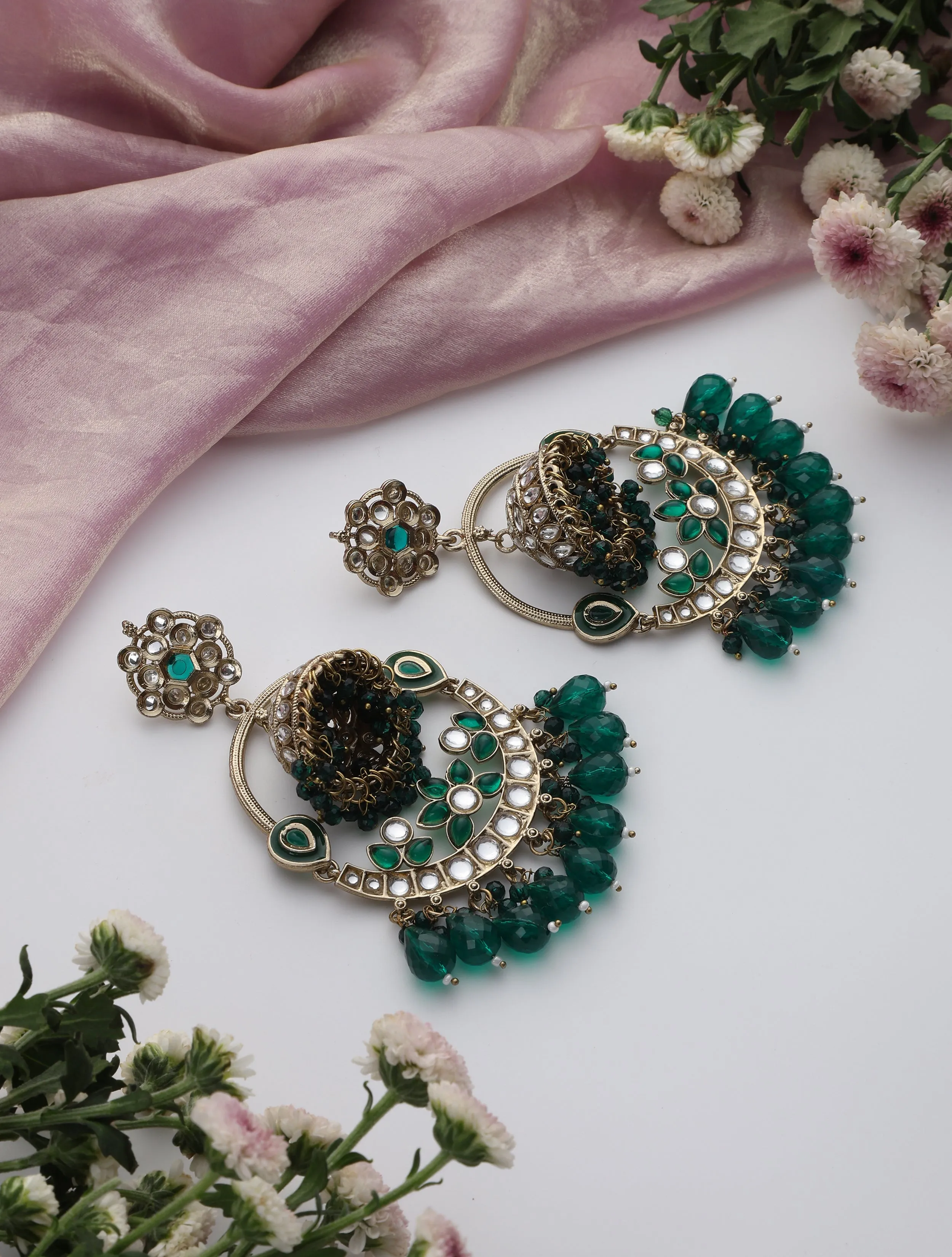 Green Round Color Kundan Jhumka Earrings